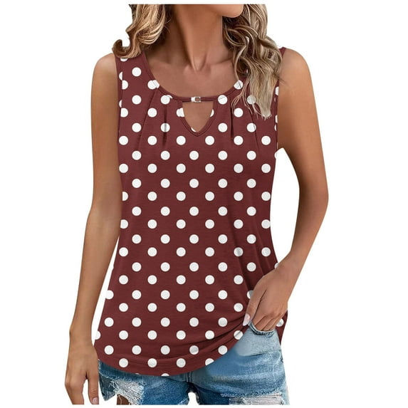 Charella Ladies Tank Tops Loose Fit Summer Polka Dots Keyhole Neck Sleeveless T Shirts Casual Trendy Pleated Tunic Blouses (XL, Wine)