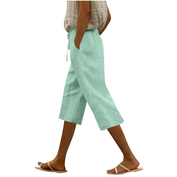 Charella Linen Capri Pants for Women Elastic Waist Straight Leg Casual Loose Drawstring Trousers with Pockets (S, Mint Green)