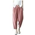 thumbnail image 1 of Charella Linen Cropped Pants for Women Elastic Waist Drawstring Trousers with Pockets Plus Size Pants M-4xl (2XL, Pink), 1 of 8