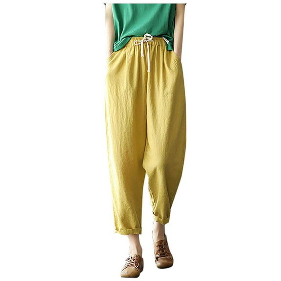 Charella Linen Cropped Pants for Women Elastic Waist Drawstring Trousers with Pockets Plus Size Pants M-4xl (XL, Yellow)