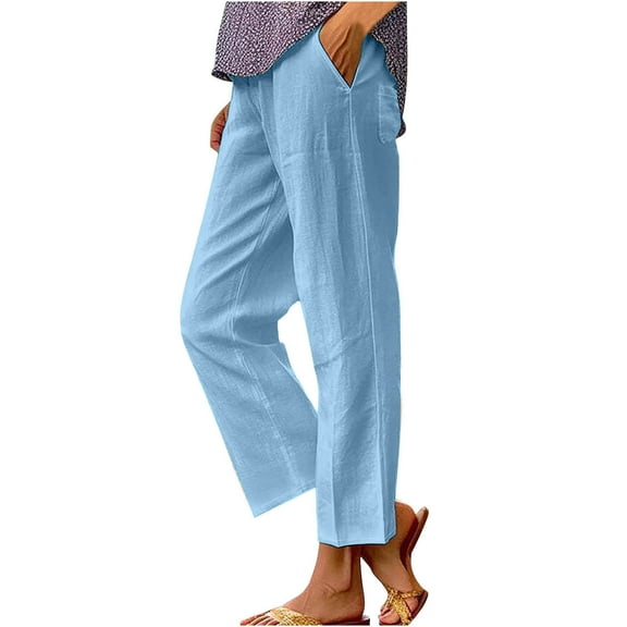 Charella Linen Pants for Women Elastic Waist Straight Leg Casual Trousers with Pockets Solid Color Pants (M, Light Blue)