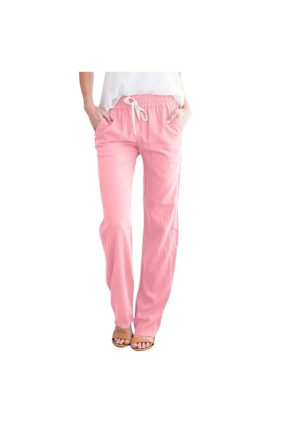 Linen Pants for Women Elastic Waist Straight Leg Drawstring Trousers with Pockets Casual Fit Pants (L, Pink 1)