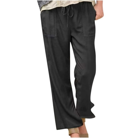 Charella Linen Pants for Women Elastic Waist Wide Leg Drawstring Trousers with Pockets Plus Size Pants S-5xl (XL, Black)