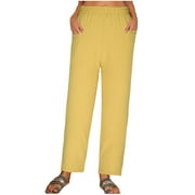 CHARELLA Linen Pants for Women Elastic Waist Wide Leg Trousers with Large Pockets Plus Size Pants M-4xl (XL, Yellow)