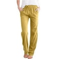 thumbnail image 1 of Charella Linen Pants for Women Straight Leg Elastic Waist Casual Solid Drawstring Trousers with Pockets (XL, Yellow 1), 1 of 5