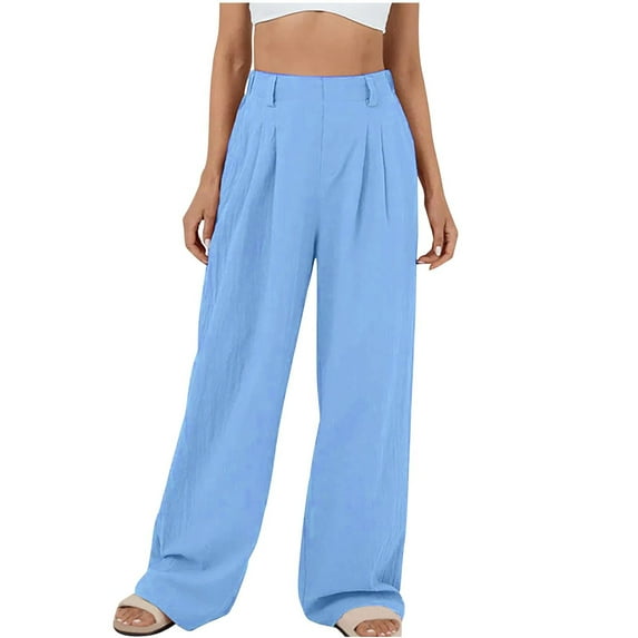 Charella Linen Pants for Women Wid Leg Elastic Waist Casual Solid Trousers with Pockets Lightweight Pants (M, Sky Blue)