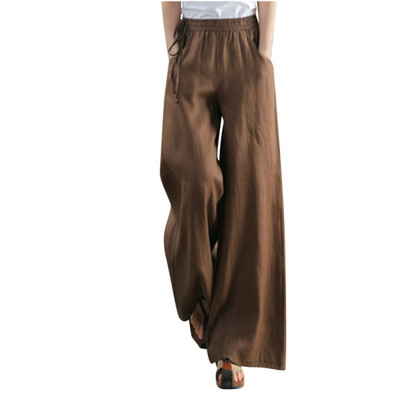 Charella Linen Pants for Women Wide Leg Elastic Waist Drawstring Trousers with Pockets Plus Size Pants S-4xl (3XL, Coffee)