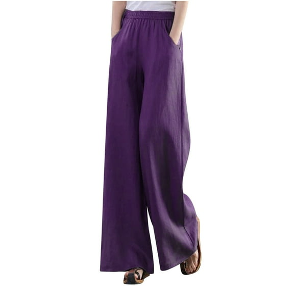 Charella Linen Pants for Women Wide Leg Elastic Waist Drawstring Trousers with Pockets Plus Size Pants S-4xl (4XL, Purple)