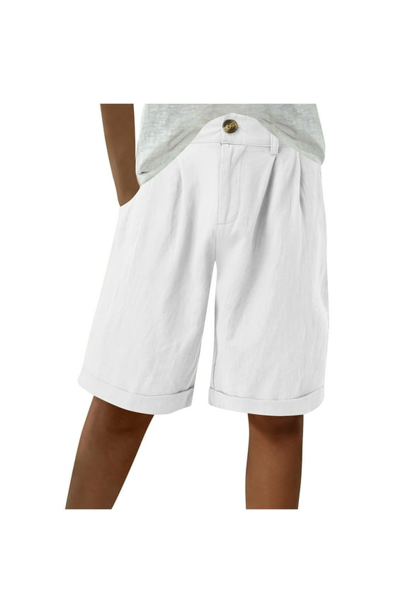 Linen Shorts for Women Button Elastic Waist Straight Leg Casual Loose Short Pants with Pockets (XL, White)