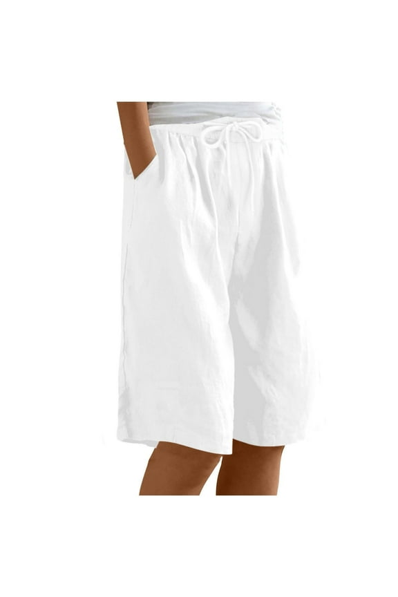 Linen Shorts for Women Elastic Waist Wide Leg Drawstring Half Pants with Pockets Solid Color Pants (2XL, White)