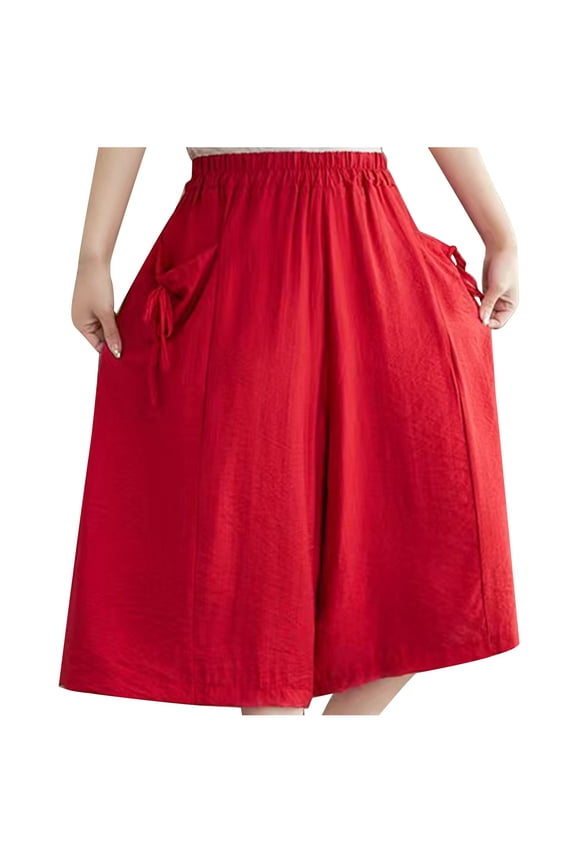Linen Shorts for Women Elastic Waist Wide Leg Half Shorts Pants with Pockets Plus Size Pants L-5xl (5XL, Red)