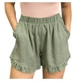 thumbnail image 1 of Charella Linen Shorts for Women Ruffle Wid Leg Elastic Waist Casual Solid Color Short Pants with Pockets (S, Green), 1 of 7