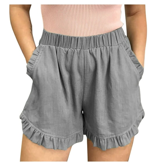 Charella Linen Shorts for Women Ruffle Wid Leg Elastic Waist Casual Solid Color Short Pants with Pockets (XL, Gray)