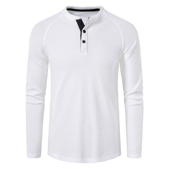 Charella Long Sleeve Shirts for Men Waffle Solid Color Crewneck Button Up T-shirts 2024 Spring Clothes,White,L