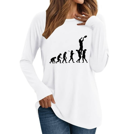 Charella Long Sleeve Shirts for Women Casual Graphic Tee Loose Fit Crew Neck Ptinted Tops Soft Clothes (S, White)
