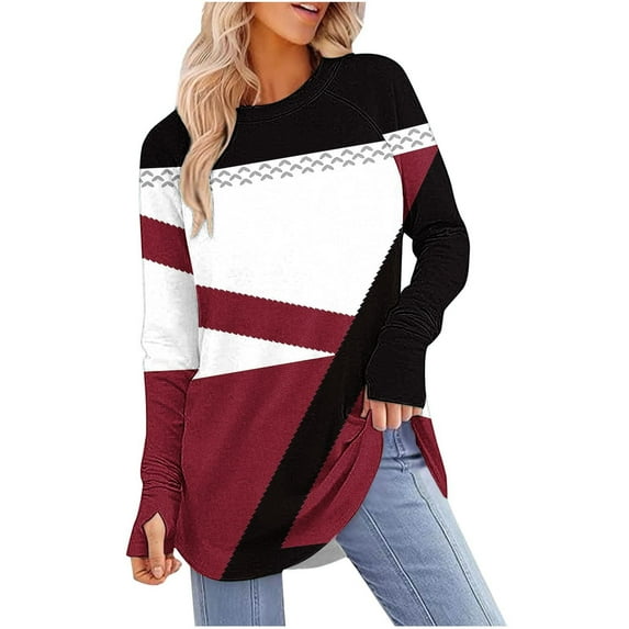 Charella Long Sleeve Shirts for Women Color Block Crew Neck Long Hem Tee Casual Loose Fit Tops Soft Clothes (2XL, Wine)