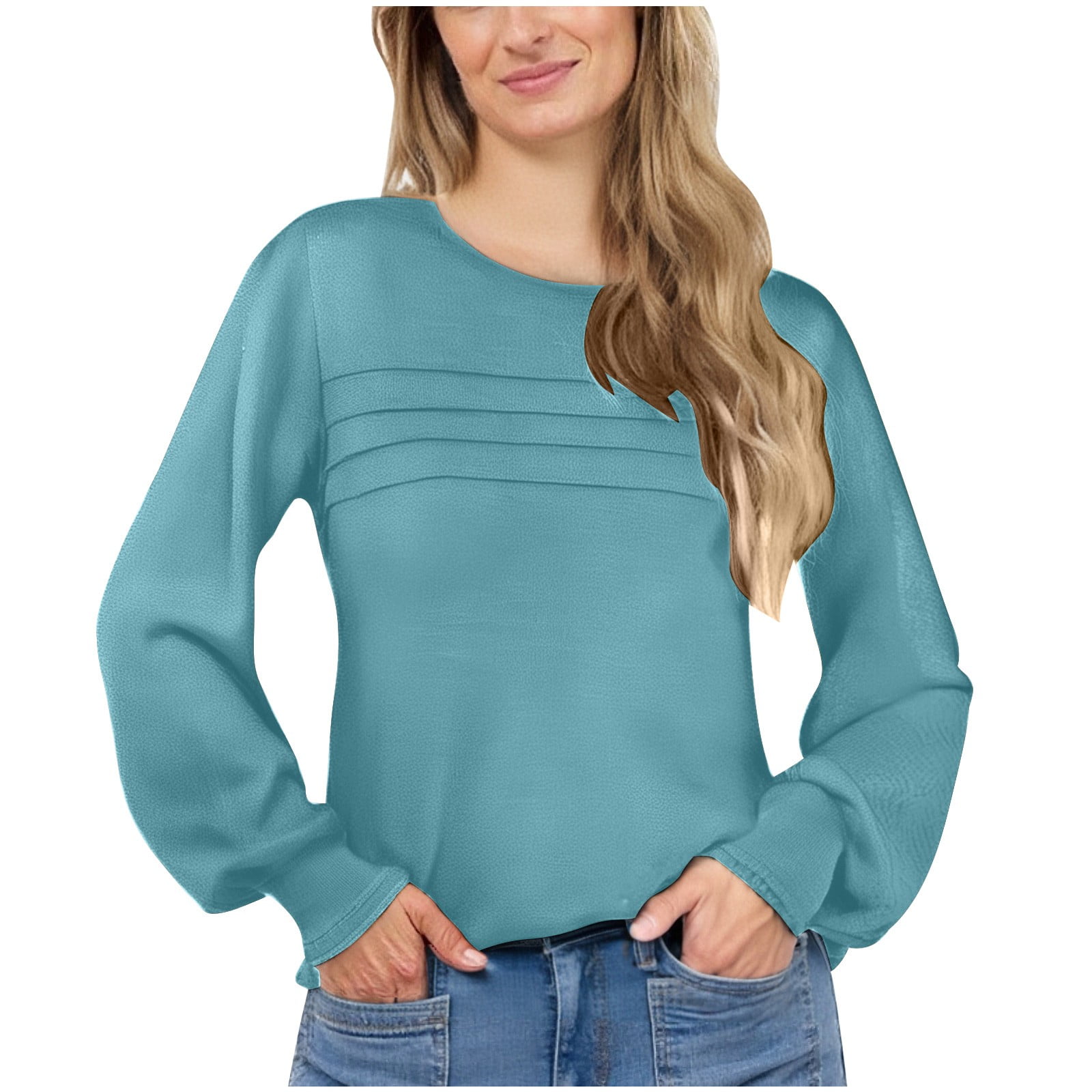 OFEEFAN Women's Pleated Puff Sleeve Top - V-Neck Tunic Blouse, Floral Blue, Loose Fit, Size X-Large