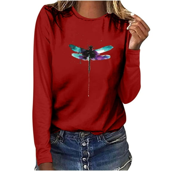 Charella Long Sleeve Shirts for Women Dragonfly Graphic Tee Casual Loose Fit Crew Neck Printed Tops (Red, S)