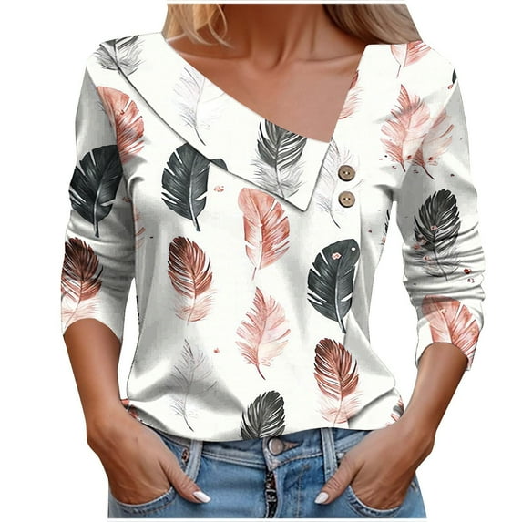 Charella Long Sleeve Shirts for Women Fashion Floral Printed Button V Nack Tee Dressy Casual Blouses Loose Tops (XL, White 1)