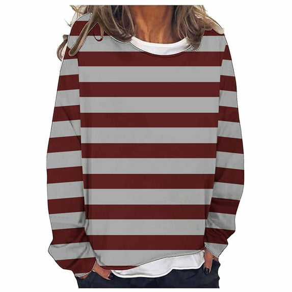 Charella Long Sleeve Shirts for Women Fashion Striped Crew Nack Oversized Tee Casual Tops Loose Fit Blouses (L, Gray)