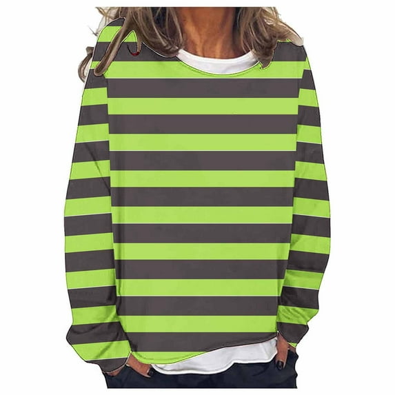 Charella Long Sleeve Shirts for Women Fashion Striped Crew Nack Oversized Tee Casual Tops Loose Fit Blouses (M, Green)