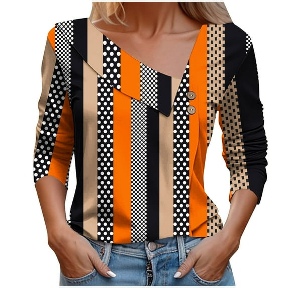 Charella Long Sleeve Shirts for Women Fashion Striped Printed Button V Nack Tee Dressy Casual Blouses Loose Tops (S, Orange)