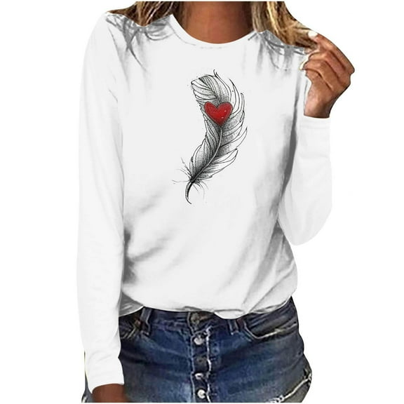 Charella Long Sleeve Shirts for Women Feather Graphic Tee Casual Loose Fit Crew Neck Printed Tops (White, XXXL)
