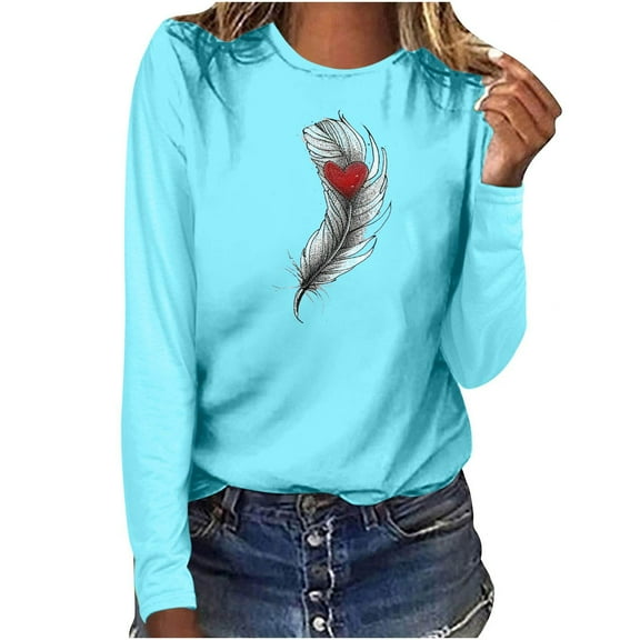 Charella Long Sleeve Shirts for Women Feather Funny Graphic Tee Tops Casual Loose Crew Neck Printed Tshirts (Sky Blue, S)