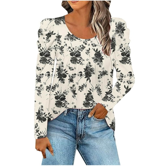 Charella Long Sleeve Shirts for Women Floral Printed Crew Nack Pleated Flowy Tops Dressy Casual Loose Blouses (2XL, Khaki)