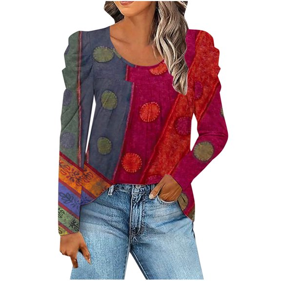 Charella Long Sleeve Shirts for Women Floral Printed Crew Nack Pleated Flowy Tops Dressy Casual Loose Blouses (S, Wine)