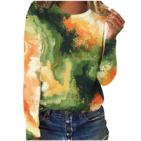 Charella Long Sleeve Shirts for Women Floral Printed Crew Nack Tee Loose Fit Tops Dressy Casual Blouses (M, Army Green 1)