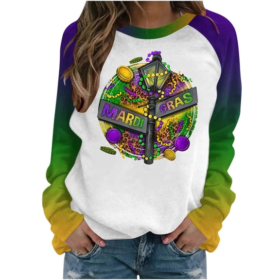 Charella Long Sleeve Shirts for Women Mardi Gras Decorations Crewneck Loose Sweatshirts 2024 Fashion Tops,White,XL
