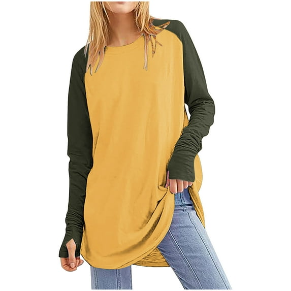 Charella Long Sleeve Shirts for Women Oversized Fashion Color Block Printed Crew Nack Raglan Sleeve Tee Casual Loose Tops (XL, Yellow)