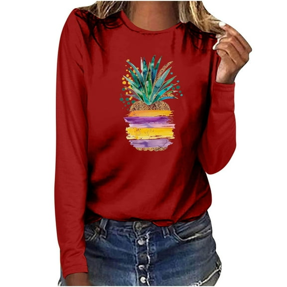 Charella Long Sleeve Shirts for Women Pineapple Funny Graphic Tee Casual Loose Fit Crew Neck Printed Tops (Red, M)