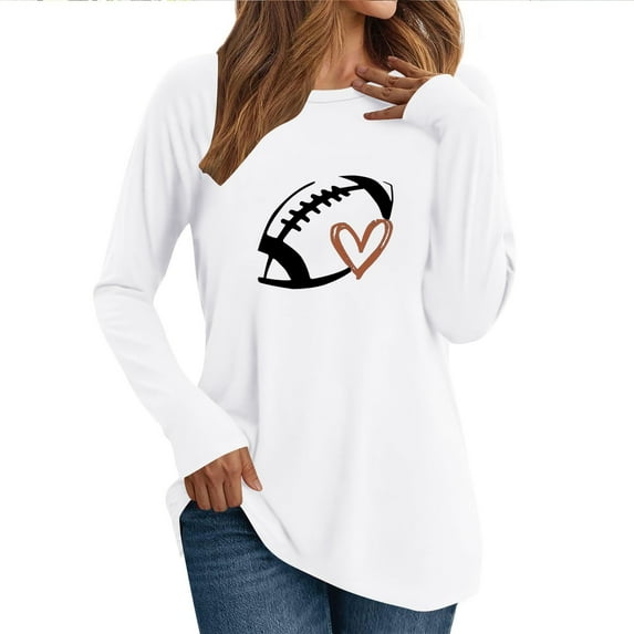 Charella Long Sleeve Shirts for Women Rugby Graphic Tee Loose Fit Crew Neck Ptinted Tops Soft Clothes (2XL, White 2)
