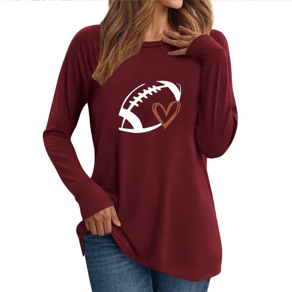 Charella Long Sleeve Shirts for Women Rugby Graphic Tee Loose Fit Crew Neck Ptinted Tops Soft Clothes (2XL, Wine 2)