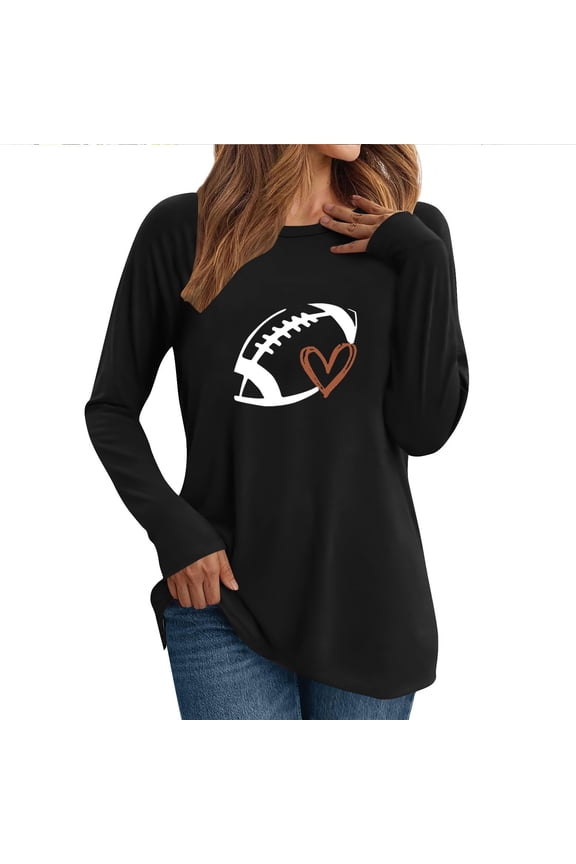 Long Sleeve Shirts for Women Rugby Graphic Tee Loose Fit Crew Neck Ptinted Tops Soft Clothes (L, Black 2)