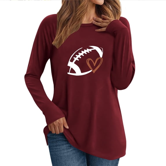 Charella Long Sleeve Shirts for Women Rugby Graphic Tee Loose Fit Crew Neck Ptinted Tops Soft Clothes (L, Wine 2)