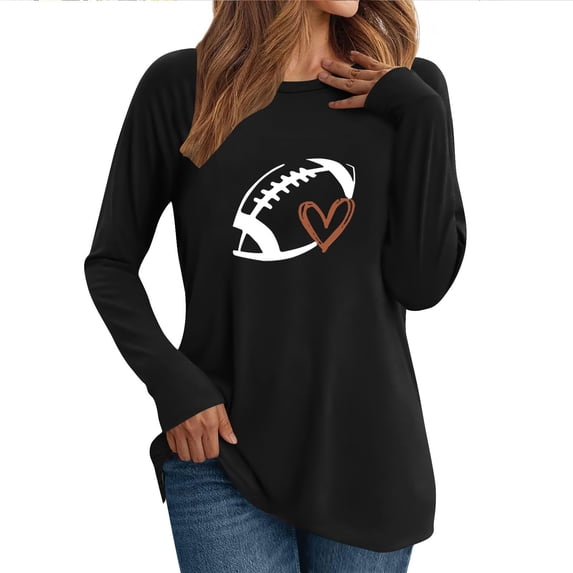 Charella Long Sleeve Shirts for Women Rugby Graphic Tee Loose Fit Crew Neck Ptinted Tops Soft Clothes (XL, Black 2)