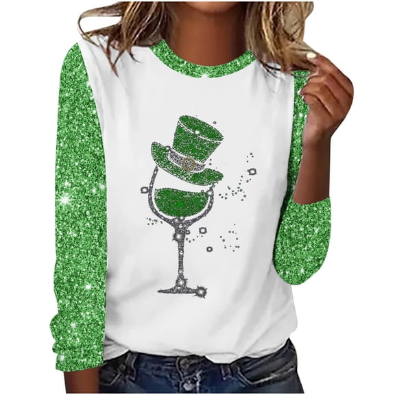 Charella Long Sleeve Shirts for Women St Patricks Day Shirt Crewneck T-shirts 2024 Trendy Bling Bling Tops,Green,XL
