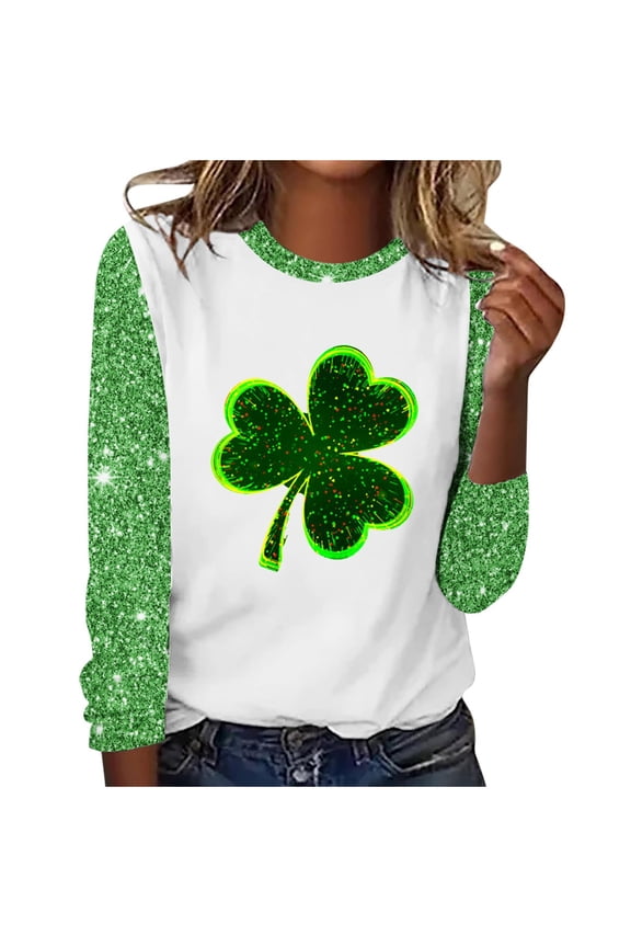 Long Sleeve Shirts for Women St Patricks Day Shirt Crewneck T-shirts 2025 Trendy Bling Bling Tops,Green,XXL