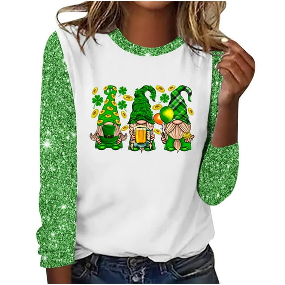 Charella Long Sleeve Shirts for Women St Patricks Day Shirt Crewneck T-shirts 2025 Trendy Bling Bling Tops,Green,M