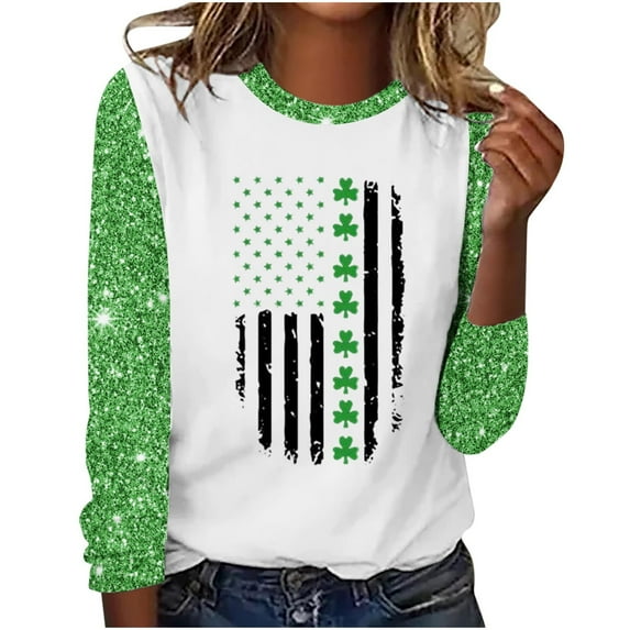 Charella Long Sleeve Shirts for Women St Patricks Day Shirt Crewneck T-shirts 2025 Trendy Bling Bling Tops,Green,M
