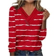 thumbnail image 1 of Charella Long Sleeve Shirts for Women Striped Pleated V Neck Button Tops Loose Fit Pullover Printed Tee (S, Red), 1 of 4