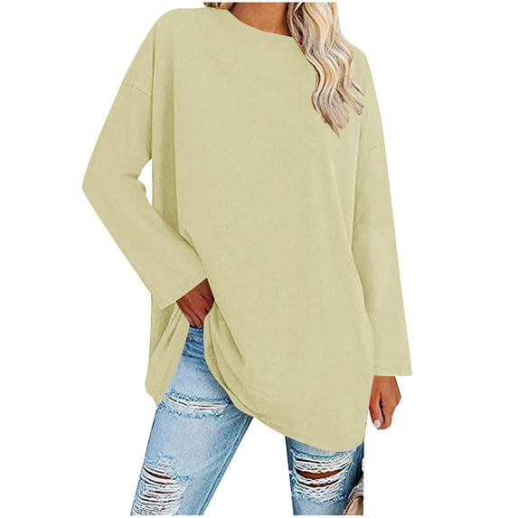Charella Oversized Shirts for Women Solid Color Crew Neck Long Sleeve Basic Tee Casual Tops Soft Clothes (L, Beige)