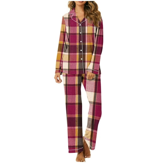 Charella Pajama Set for Women Long Sleeve Button Front Shirt and Pant 2 Piece Set Sleepwear Loungewear Red,14