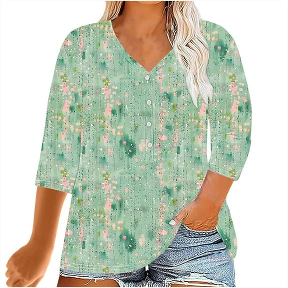Charella Plus Size Tops for Women 3/4 Sleeve V Neck Button Floral Shirts Business Dressy Blouses Loose Tees (XL, Multicolor 1)