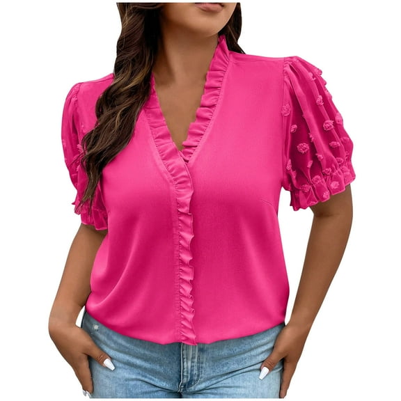 Charella Plus Size Tops for Women Dressy Lace V Neck Jacquard Puff Short Sleeve Blouses Summer Casual Loose Tunic Shirts (L, Hot Pink)