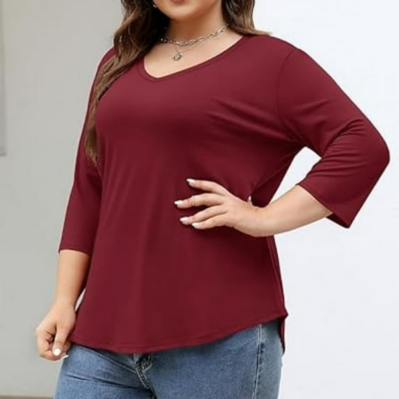 Charella Plus Size Tops for Women Solid Color V Neck 3/4 Length Sleeve Tee Shirts Casual Loose Fit Blouses (3XL, Wine)