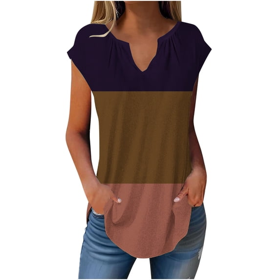 Charella Polyester Summer T Shirts Women Cap Short Sleeve Pleated V Neck Tunic Top Graphic Striped Flower Print Tees (X-Large, Khaki)